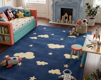 Handmade Kids Space Rug, Tufted Nursery Rug, Blue Cloud Star Rug, Playroom Carpet, Custom Wool Area Rug