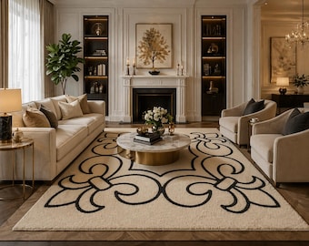 Handmade Wool Area Rug Modern Luxury Ivory Black Tufted Living Room Carpet Plush Designer Decor 8x10 9x12 Custom Size