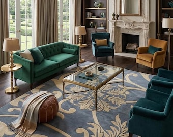 Handmade Tufted Floral Area Rug, Luxury Blue Beige Living Room Rug, Custom Wool Carpet, Modern Home Decor