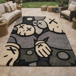 KAWS Inspired Tufted Rug, Handmade Black Grey Area Rug, Street Art Carpet, Modern Living Room Decor Rug image 4