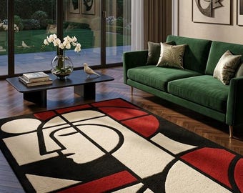 Abstract Art Deco Rug, Handmade Tufted Wool Rug, Black Cream Red Area Rug, Modern Luxury Living Room Carpet 8x10