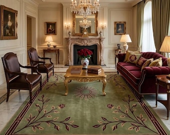 Handmade Tufted Floral Area Rug, Sage Green Living Room Rug, Luxury Custom Carpet, Elegant Home Decor