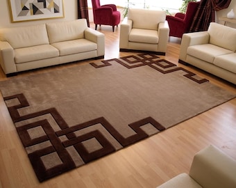 Handmade Tufted Geometric Area Rug, Modern Brown & Beige Greek Key Wool Rug, Custom Large Neutral Rug for Living Room