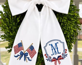Personalized Monogram Wreath Sash, USA Flag Bow, American Flag, Seersucker Door Decor, USA Wreath Sash, 250th Anniversary
