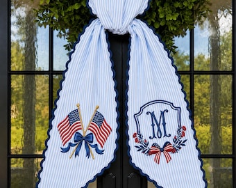 Personalized 4th of July Wreath Sash – Embroidered Monogram, American Flags, Patriotic Door Decor, USA Flag Front Door Decor