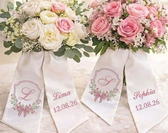 Custom Wedding Bouquet Sash, Personalized Monogram Ribbon, Bridal Bouquet Charm, Elegant Wedding Keepsake, Gift for Bridesmaid