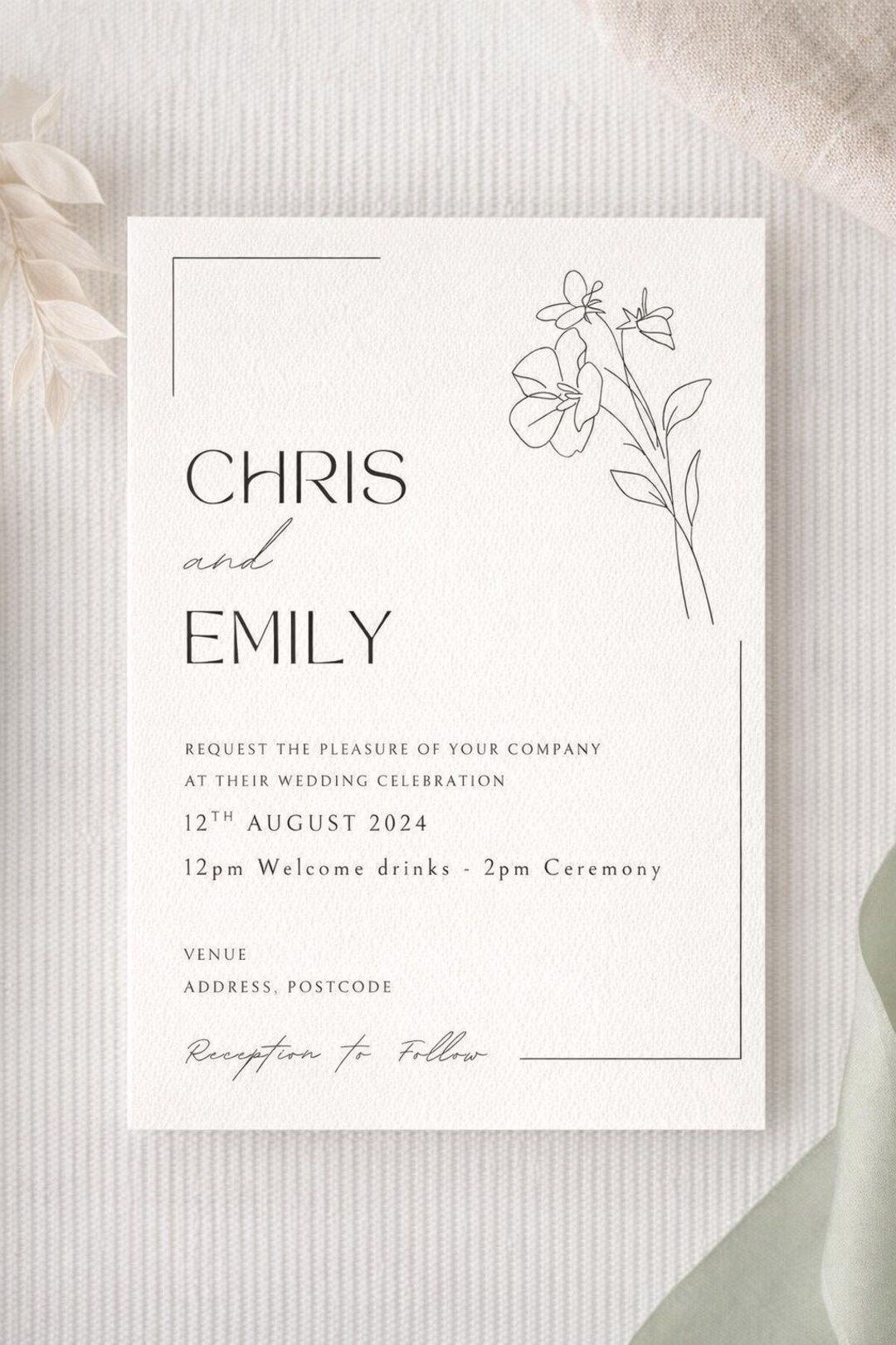 Elegant Fine Line Wedding Invitation Template • Editable Canva Invite ...