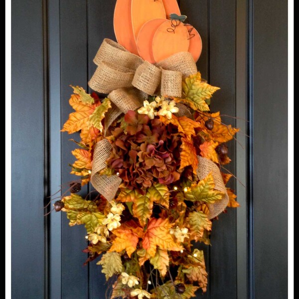 Fall Wreath with lights, Teardrop Swag Front Door Hanger, Wood Pumpkins Fall Door Decoration by JWDecor, Ready to Ship.