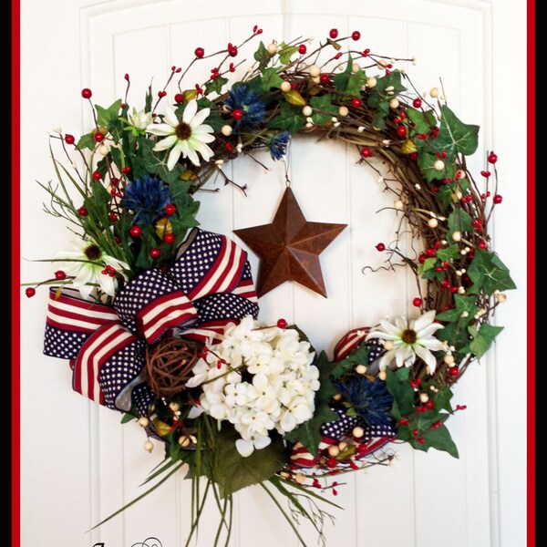 Patriotic Wreath - Americana Wreath - 4th of July Wreath - Red White Blue Rustic Wreath - Summer Wreath