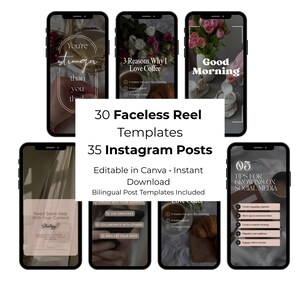 Puede incluir: Una maqueta de producto digital con seis teléfonos inteligentes que muestran contenido de Instagram. Las pantallas muestran plantillas de reels sin rostro y publicaciones de Instagram. El texto en la imagen incluye "30 Faceless Reel Templates" y "35 Instagram Posts".