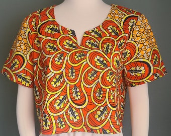 African Ankara Print Cotton Loose Fit Crop Top with Orange Graphic Flower