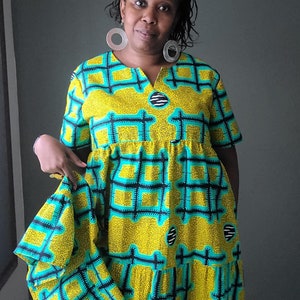 African Print Shift Below the knee Length Cotton Dress for Women with Side Pockets, Roomy Sleeves and Back Opening