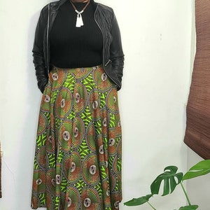 African print maxi circle  skirt, African print, Ankara wax print skirt, green gold print skirt, LARGE skirt, long skirt, long cotton skirt