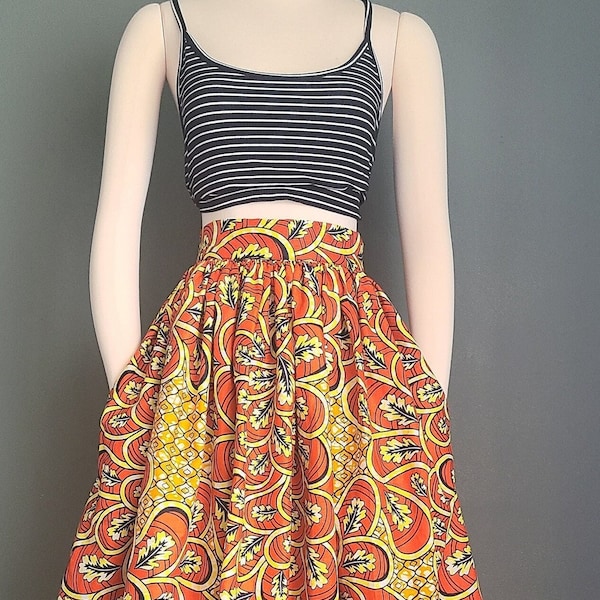 African Ankara Print Cotton Gathered Skirt for Women High Waist Band with a Back Zipper Closure and Side Pockets Orange Graphic Floral Print