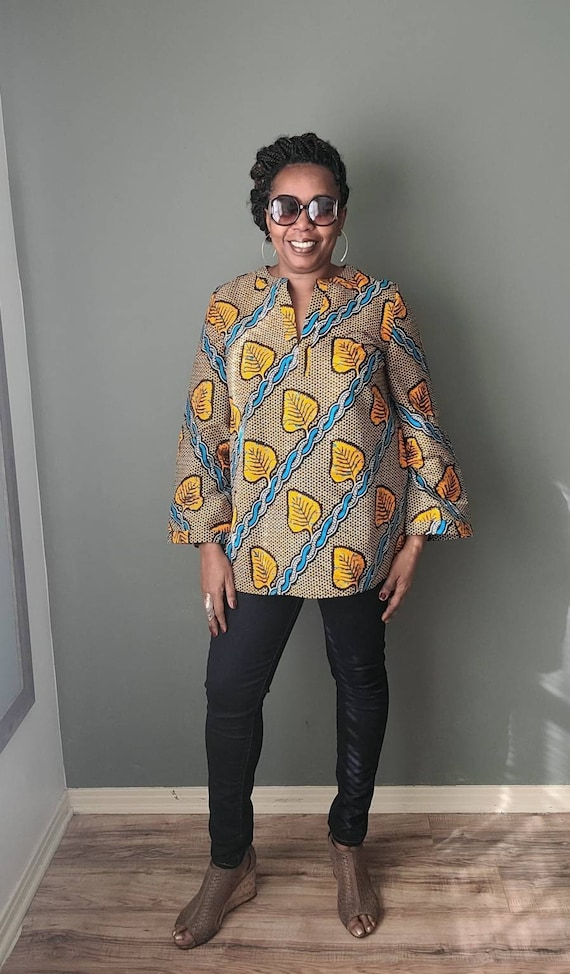African Wax Print Cotton Women s Long Top or Tunic With Long Bell Sleeves Etsy