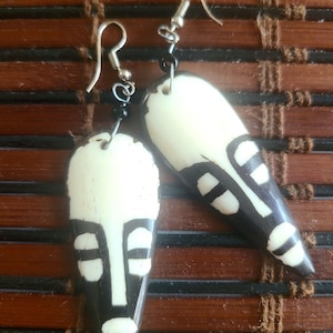 African Mask Hand Made bone drop earrings