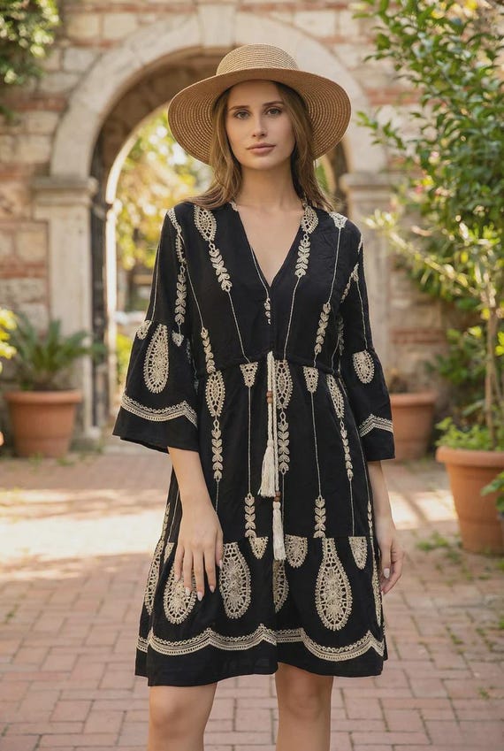 Embroidered V Neck Tassel Mini Dress Boho Tiered Short Sleeve Summer Resort Wear