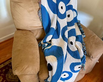 Evil Eye Throw Blanket, Nazar Jacquard Woven, 100% Cotton Made in USA, Boho Blue