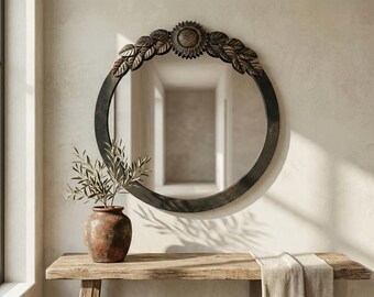 Espejo botánico de hierro forjado hecho a mano, decoración de pared vintage antigua, marco de arte de metal rústico, acento para el hogar