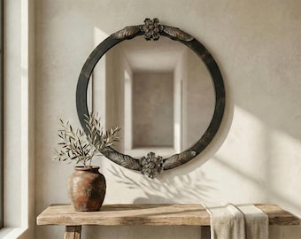 Espejo botánico hecho a mano, decoración de pared de hierro forjado, espejo floral antiguo, arte de metal vintage, elemento decorativo llamativo para el hogar.