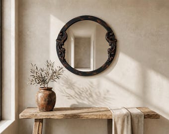 Handmade mediterranean mirror, wrought iron wall decor, antique sculptural frame, vintage metal art, rustic statement home accent