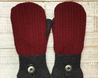 Upcycled Wool Sweater Mittens: Red Gray Cabled Fleece-Lined Medium Mittens