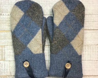 Wool Sweater Mittens, Upcycled Sweaters,  Blue And Gray Argyle Mittens, Women’s Medium Mittens, Fleece-Lined Repurposed Sweater Mittens