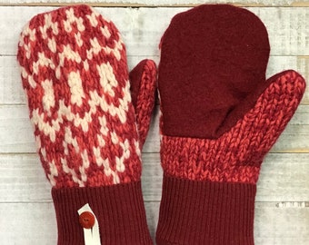 Wool Sweater Mittens, Upcycled Sweaters, Red Orange And White Mittens, Women’s Medium Mittens, Fleece-Lined Repurposed Sweater Mittens