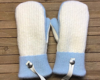Wool Sweater Mittens, Upcycled Sweaters, Cream And Blue Sweater Mittens Women’s Medium Mittens, Fleece-Lined Repurposed Sweater Mittens