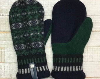 Wool Sweater Mittens, Upcycled Sweaters,  Blue And Green Patterned Mittens, Women’s Medium Mittens, Fleece-Lined Repurposed Sweater Mittens