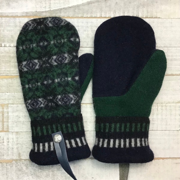 Wool Sweater Mittens, Upcycled Sweaters,  Blue And Green Patterned Mittens, Women’s Medium Mittens, Fleece-Lined Repurposed Sweater Mittens