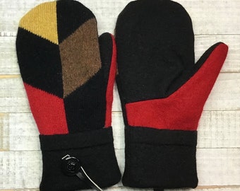 Wool Sweater Mittens, Upcycled Sweaters, Red Black Brown And Yellow Mittens, Women’s Medium Mittens, Fleece-Lined Repurposed Sweater Mittens
