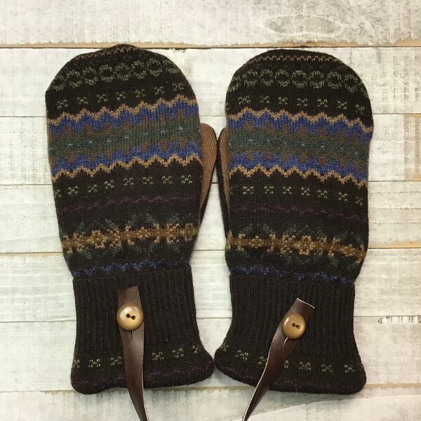 Wool Sweater Mittens, Upcycled Sweaters, Brown Tan And Blue Patterned Mittens, Women’s Medium Mittens, Fleece-Lined Repurposed Sweater Mitte