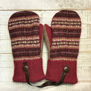 Wool Sweater Mittens, Upcycled Sweaters, Brown And Red Patterned Mittens, Womens Medium Mittens, Fleece-Lined Repurposed Sweater Mittens image 1