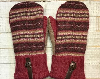 Wool Sweater Mittens, Upcycled Sweaters, Brown And Red Patterned Mittens, Women’s Medium Mittens, Fleece-Lined Repurposed Sweater Mittens
