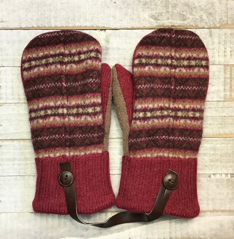 Wool Sweater Mittens, Upcycled Sweaters, Brown And Red Patterned Mittens, Womens Medium Mittens, Fleece-Lined Repurposed Sweater Mittens image 1