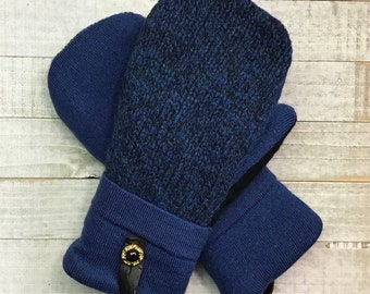 Wool Sweater Mittens, Upcycled Sweaters,  Blue And Black Mittens, Women’s Medium Mittens, Fleece-Lined Repurposed Sweater Mittens