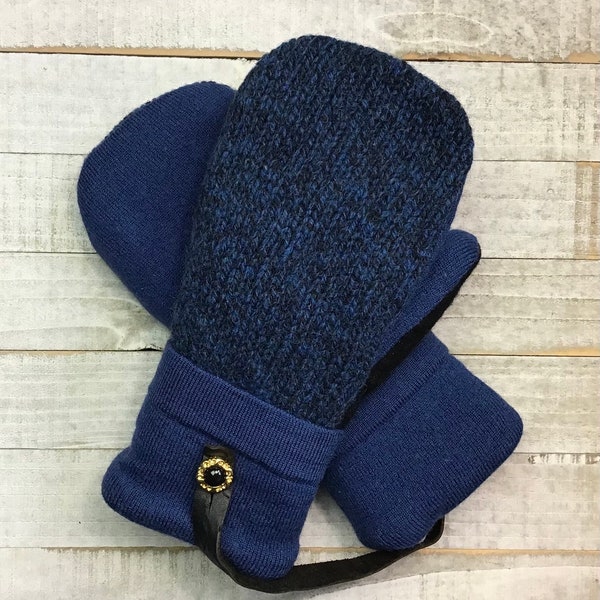 Wool Sweater Mittens, Upcycled Sweaters,  Blue And Black Mittens, Women’s Medium Mittens, Fleece-Lined Repurposed Sweater Mittens