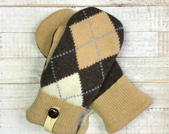 Wool Sweater Mittens, Upcycled Sweaters, Camel And Brown Argyle Mittens, Women’s Medium Mittens, Fleece-Lined Repurposed Sweater Mittens