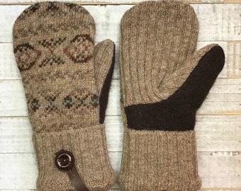 Wool Sweater Mittens, Upcycled Sweaters, Tan And Brown Patterned Mittens, Women’s Medium Mittens, Fleece-Lined Repurposed Sweater Mittens