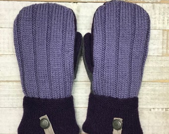 Wool Sweater Mittens, Upcycled Sweaters, Purple And Gray Mittens, Women’s Medium Mittens, Fleece-Lined Repurposed Sweater Mittens