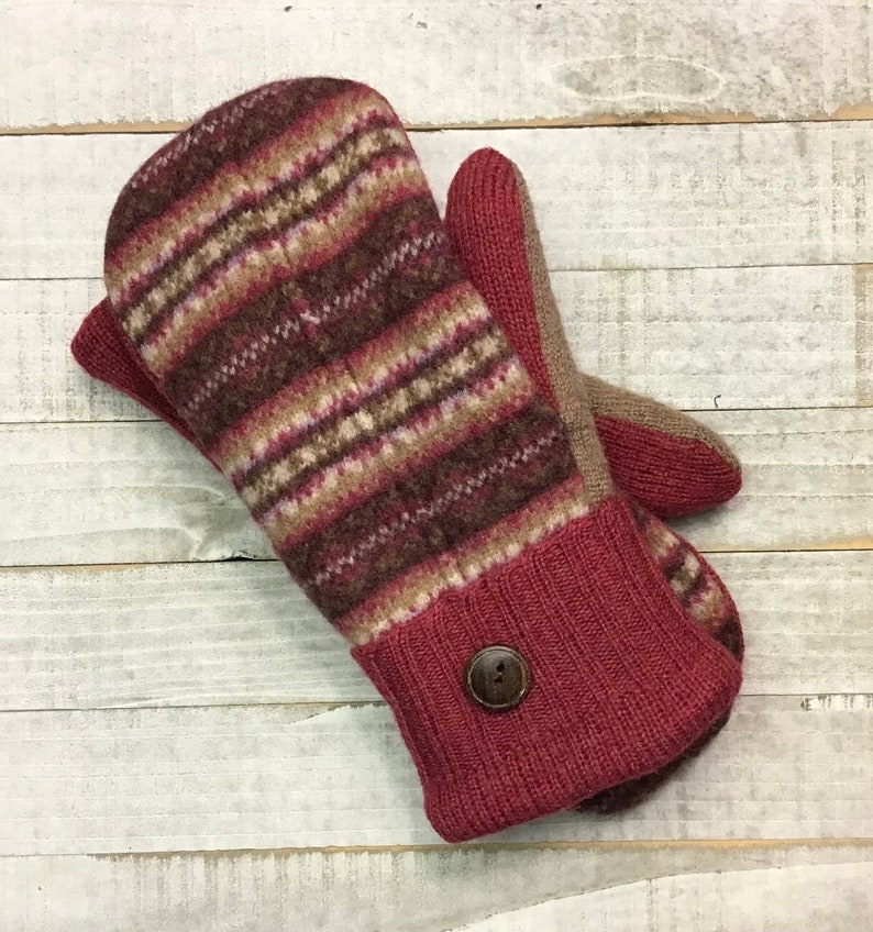 Wool Sweater Mittens, Upcycled Sweaters, Brown And Red Patterned Mittens, Womens Medium Mittens, Fleece-Lined Repurposed Sweater Mittens image 9