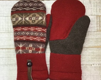 Wool Sweater Mittens, Upcycled Sweaters, Red And Brown Patterned Mittens, Women’s Medium Mittens, Fleece-Lined Repurposed Sweater Mittens