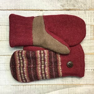 Wool Sweater Mittens, Upcycled Sweaters, Brown And Red Patterned Mittens, Womens Medium Mittens, Fleece-Lined Repurposed Sweater Mittens image 6