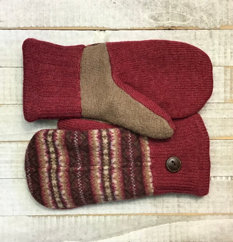 Wool Sweater Mittens, Upcycled Sweaters, Brown And Red Patterned Mittens, Womens Medium Mittens, Fleece-Lined Repurposed Sweater Mittens image 6