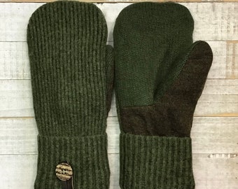 Wool Sweater Mittens, Upcycled Sweaters,  Green And Brown Textured Mittens, Women’s Medium Mittens, Fleece-Lined Repurposed Sweater Mittens