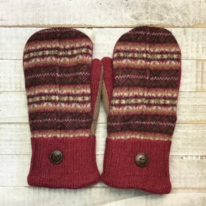 Wool Sweater Mittens, Upcycled Sweaters, Brown And Red Patterned Mittens, Womens Medium Mittens, Fleece-Lined Repurposed Sweater Mittens image 7