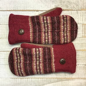 Wool Sweater Mittens, Upcycled Sweaters, Brown And Red Patterned Mittens, Womens Medium Mittens, Fleece-Lined Repurposed Sweater Mittens image 8