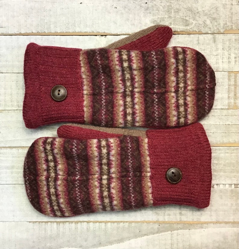 Wool Sweater Mittens, Upcycled Sweaters, Brown And Red Patterned Mittens, Womens Medium Mittens, Fleece-Lined Repurposed Sweater Mittens image 8