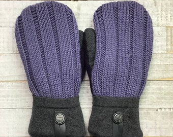 Wool Sweater Mittens, Upcycled Sweaters, Purple And Gray Mittens, Women’s Medium Mittens, Fleece-Lined Repurposed Sweater Mittens